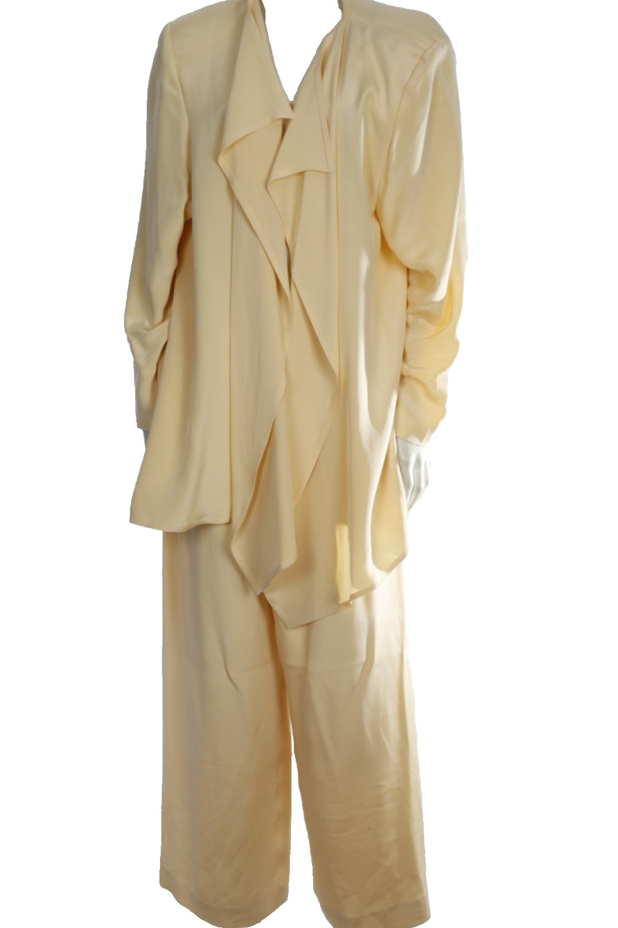 Vintage Yolanda Lorente Silk 2 Pc Pant Suit Draped Jacket Wide Leg Trousers M